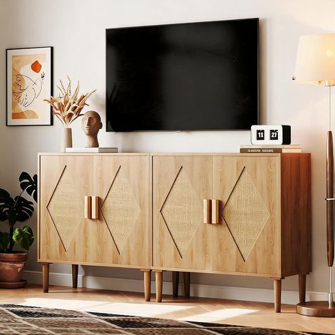 Lot de 2 Buffets Bas en Rotin avec 2 Portes, Étagère Réglable 3 Niveaux, Meubles de Rangement Marron pour Salon, Salle à Manger et Entrée (1/5)
