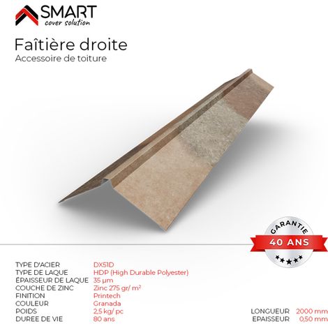 Faîtière droite - bac acier - tôle de couverture - Toiture -  Coloris Spanish Roof Granada L=2m, épaisseur 0.50mm (1/2)