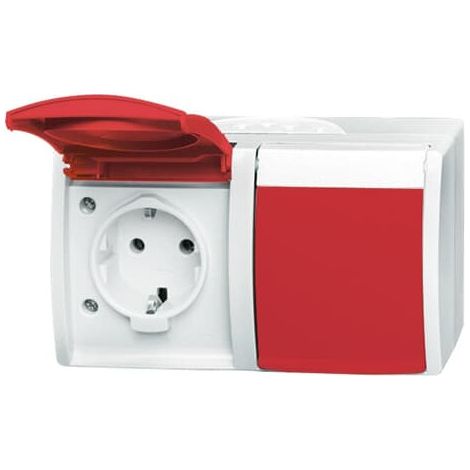 Busch-Jaeger Presa doppia SCHUKO® con campo di marcatura con coperchio a cerniera 16 A bianco alpino/rosso - ocean® (20/2 EW/DVN-54), 2CKA002084A0713