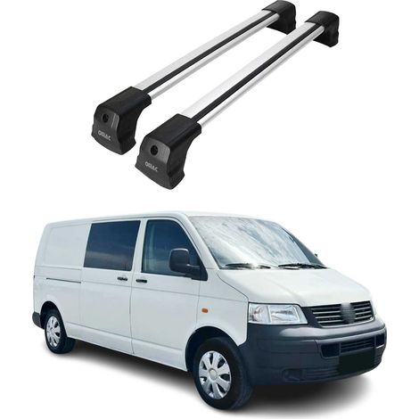 OMAC Barres de toit compatibles avec VW Transporter Multivan Caravelle T5 T6 T6.1 2003-2024 – 2 barres – Antivol inclus – Aluminium Argent (1/5)