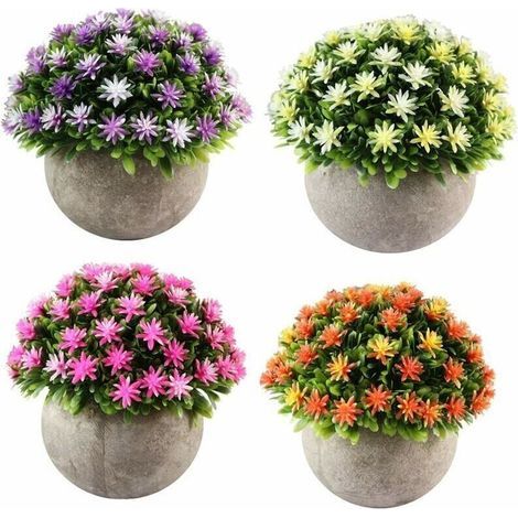 Set mit 4 kleinen künstlichen Blumenpflanzen im Topf, Dekoration für drinnen und draußen (Orange, Rosa, Gelb, Lila) (1/5)
