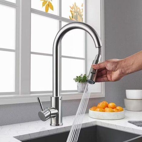 Robinet de cuisine orientable 360° avec douchette extractible, mitigeur en inox brossé, aérateur démontable, 2 fonctions, finition nickel satiné, flexible. (1/4)