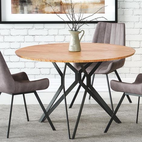 Table à manger ronde 120 cm aspect chêne doré et pied acier noir Unity (1/5)
