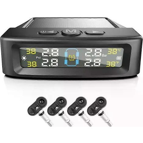 Sistema de monitoreo de presión de neumáticos TPMS, sistema de alarma de seguridad para automóviles, inalámbrico, alimentado por energía solar/USB, 4 sensores con pantalla digital a color. (1/5)