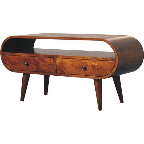 Console TV ronde bois massif 2 tiroirs 1 niche rangement salon couleur marron
