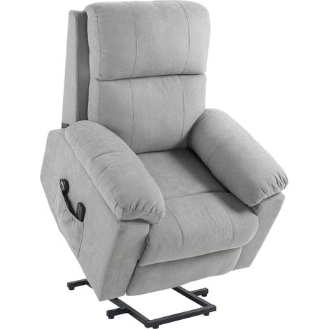 Fauteuil releveur électrique massant, dossier inclinable et repose-pied motorisé avec télécommande, revêtement imitation lin gris