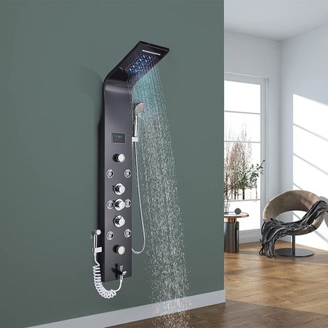 Edelstahl Duschpaneel LED Duschset Duscharmatur 6 Funktion Wassertemperatur Display mit Regenduschkopf Wasserfallduschkopf 8 Massagedüse ABS Handbrause, Badewanne Wasserhahn und Bidet Schwarz (1/5)