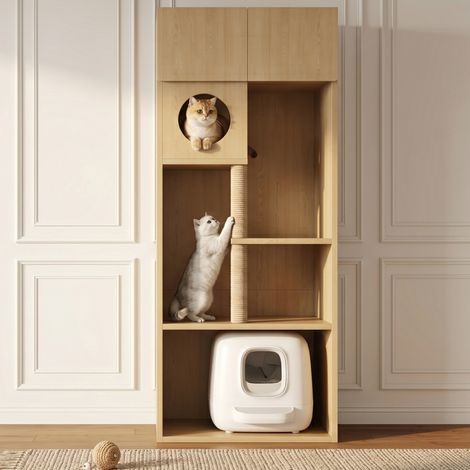 Mobile lettiera per gatti con tiragraffi e contenitore 80 x 45 x 193 cm legno naturale DESVIAE (1/5)