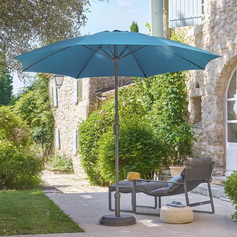 Hesperide – Parasol droit rond 2,7m bleu canard – Toile polyester déperlant – Inclinable avec manivelle – Cheminée d'aération