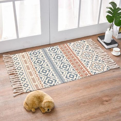 Tappeto per interni ed esterni, tappeto bohémien in cotone con frange, piccolo tappeto tessuto a mano per soggiorno e camera da letto, tappeto moderno per la casa, 60x90 cm (1/4)
