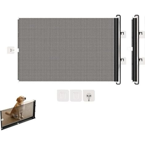 Barrière rétractable pour chien pour portes et escaliers, sans perage, clture de sécurité intérieure et extérieure avec crochets et positionneurs, barrière de sécurité réglable en PVC pour couloir (1/5)