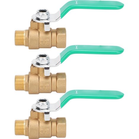 3/8 pouce Robinet à bille renforcé en laiton durable, filetage mâle et femelle, vanne d'arrêt pour tuyau d'eau, lot de 3 pièces (1/5)