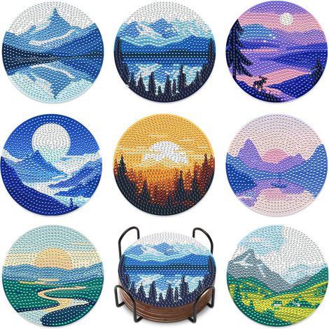 Lot de 8 sous-verres de peinture diamant de paysage pour bureau, maison et cuisine, sous-verres avec motifs de peinture au diamant (1/5)
