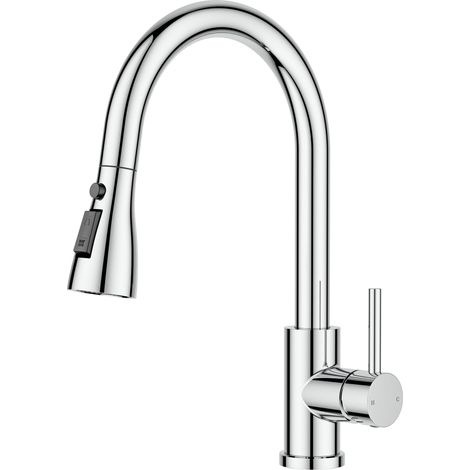 Robinet Cuisine, Mitigeur Cuisine avec Douchette Extractible, Robinet Evier de Cuisine Pivotant à 360° adapté aux éviers à forte courbure, 2 modes, Chrome Poli (1/5)