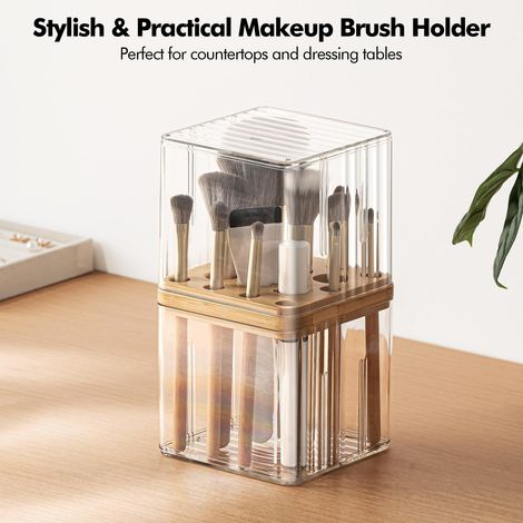Porte-pinceaux de maquillage, boîte de rangement pour pinceaux de maquillage, avec 16 emplacements et couvercle, porte-pinceaux de maquillage (1/4)