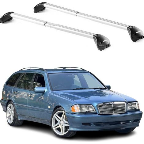 OMAC Barres de toit transversales certifiées TÜV pour Mercedes Classe C S202 S203 S204 Break 1993-2014 – Verrouillables (4 antivols) – Charge max 100 kg – Sangle inox + protection caoutchouc Argent (1/4)