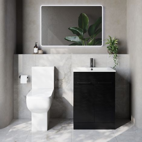 Napoli 460 Nero Oak 600mm 2 Door Vanity Unit and Tacoma Comfort Height Toilet Suite with Angel Basin - 600mm - Matt Black 160mm Handle