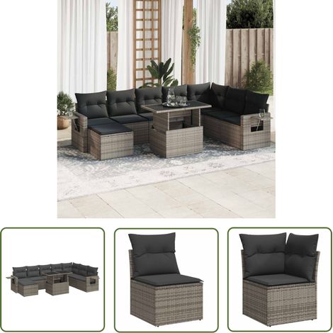 vidaXL Salon de jardin 9 pcs avec coussins gris résine tressée (1/5)