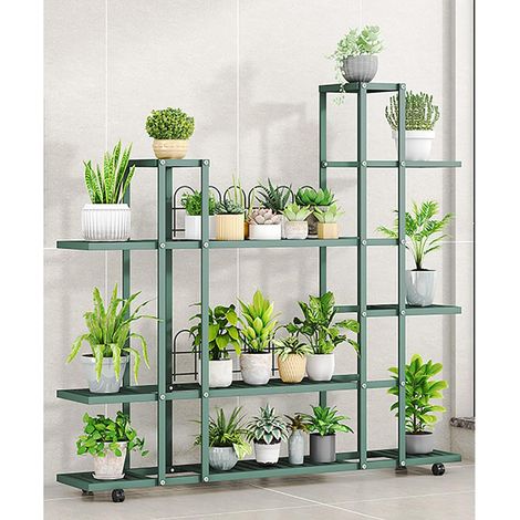 Étagère à Fleurs Angle Fer Forgé Noir, Support Plante 3 Niveaux, Roulettes Blocables, Étagère Intérieur Extérieur, H9037 Vert
