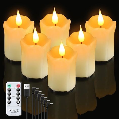 Lot de 6 Bougies LED Rechargeable avec Télécommande, Bougies Chauffe Plat Led Bougies Sans Flamme Graduable avec Câble de Charge pour Fête Décoration de la Maison, Camping, Mariages (1/5)