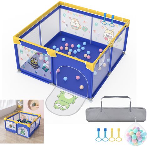 HENGMEI 127x127cmx68cm Parc pour bébé Parc pliable Parc pour bébé Playpen avec 50 balles océan, bracelet d'entraînement, filet respirant & sac à main- Animal bleu (1/5)