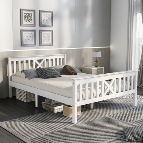 Holzbett Doppelbett 140 x 200 cm Massivkiefernrahmen Flachbett für Kinder und Jugendliche - Weiß
