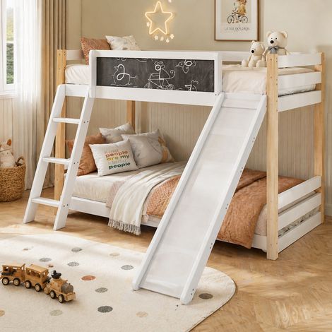 lit superposé bois 90x200 cm toboggan escalier barrière sécurité certifié EN747 rangement facile montage lit enfant (1/5)