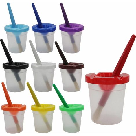 Ensemble de 10 gobelets de peinture anti-fuite avec pinceau et couvercle, gobelets de couleur avec couvercle coloré, récipient de peinture avec couvercle, kit de peinture pour enfants (1/5)