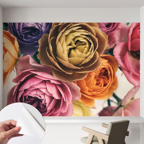 Papier peint autocollant Mural avec colle pour salon et chambre Décoration murale rapide Roses colorées 152x104 cm (1/5)