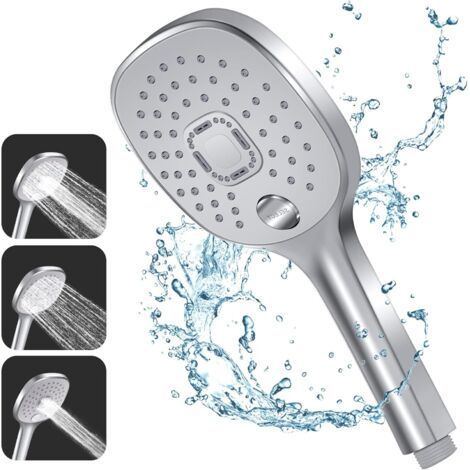 Shower Head, 3 Jet Types with Durable Handle and Eco-Friendly Silicone Nozzle, Large Silver Shower Head (Hoseless Shower Head) (1/5)