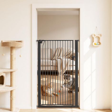 Barrière de Sécurité pour Animaux Très Haute, Largeur Réglable 74-105 cm, Porte Chien Hauteur 142 cm, Barreaux Espacés 33 mm, Fixation par Pression ou Murale, pour Escaliers Portes Maison, Noir (1/5)