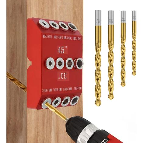 Gabarit de perçage de chevilles en bois pour construction de meubles, support de perçage 3 en 1 pour perçage vertical, jauge de perçage avec angle de 30°/45°/90°, aide au perçage des rangées de trous (1/5)