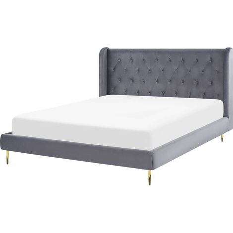 Beliani Bed Velvet Grey 140x200 Modern EU Double Size 4ft6 Tufted Headboard Fabric, Holds up to 350 kg, 154 x 218 x 106 cm, 100% Polyester FORBACH (1/5)