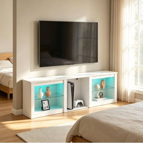 Meuble TV LED 160x35x49,7 cm en panneau de particules blanc, pour salon, rangement intégré – MEUBLIV (1/5)