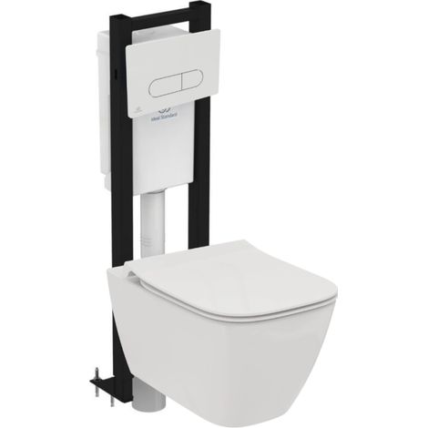 Pack inodoro suspendido IDEAL STANDARD I.Life B RimLS+ sin reborde + asiento de inodoro con cierre suave + estructura autoportante + placa de accionamiento blanca