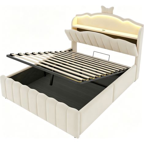 Cama infantil tapizada 140x200 cm terciopelo con almacenaje hidráulico LED USB beige HOMVRA (1/5)