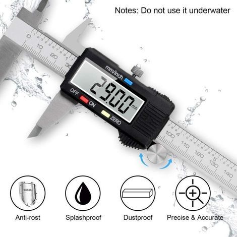 Digitaler Messschieber, 150 mm, Edelstahl, großes LCD-Display, einstellbare Genauigkeit 0,01 mm, Umrechnung mm/Zoll (1/4)