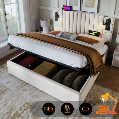 Bettgestell 180x200 cm Beige aus Baumwolle mit verstellbarem Kopfteil, Leselicht, USB-C und Stauraum (1/5)