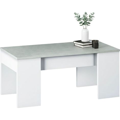 Dmora Mesa de centro con tapa elevable y espacio de almacenamiento, blanca con tapa de color cemento, 100 x 45 x 50 cm (altura regulable de 45 a 56 cm)., con embalaje reforzado
