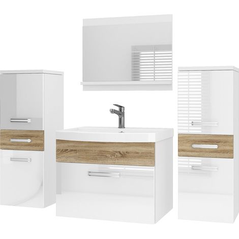 BELINI Badmöbel Set PRI PM4 120 cm - Moderner Badschrank mit Waschbecken & Spiegel, Vollausstattung Wandmontage - Weiß/Sonoma Eiche Hochglanz (1/5)