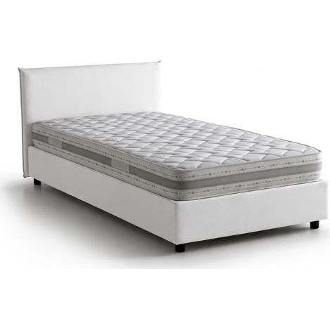 Dmora - Cama matrimonial Dahmeta, Cama contenedor con revestimiento de tela, 100% Made in Italy, Apertura frontal, con colchón Cm 140x190 incluido, Blanco