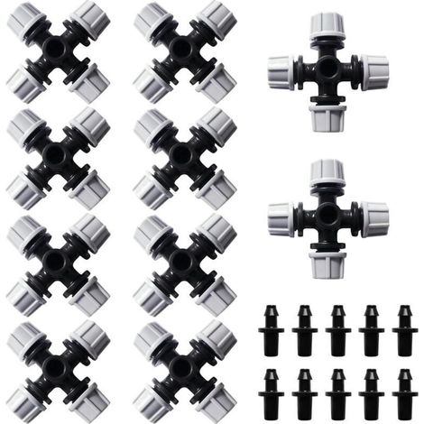 10 Pieces Atomise 4 Way Nozzle, Plastic Cross Atomization Nozzle, Gardening Greenhouse Atomization Micro Nozzle with Barbed Connector, for Garden, Lawn, Grey (1/5)