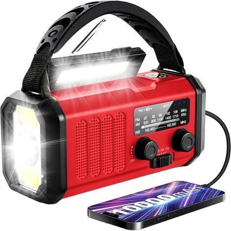 Notradio – Solarbetrieben, 10.000 mAh – Modell 2025 – Solar-Powerbank – Überlebensset – Wiederaufladbare Taschenlampe – Notfallset – Notrationen – Rot (1/3)