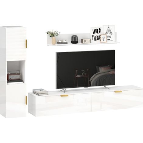 Meuble TV flottant mural 180 cm à finition brillante blanche, centre de divertissement avec portes battantes et espace de rangement