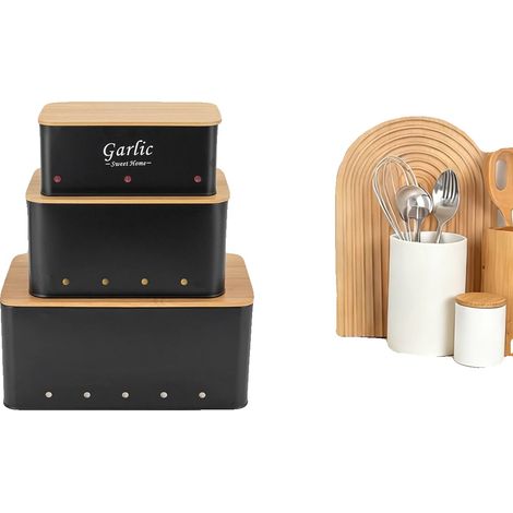 Gemüseaufbewahrungsbehälter, Kohlenstoffstahl und Bambus, 3er-Pack, rechteckige Form, Luftzirkulationsöffnungen, 2,6 kg Gewicht (1/5)