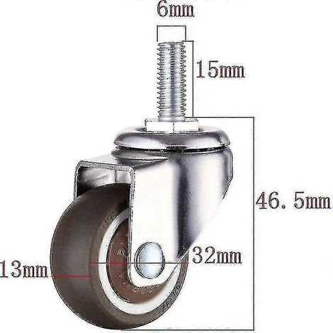 Lot de 4 roulettes pivotantes pour meubles M6 x 15 mm avec filetage de 32 mm, en caoutchouc souple TPE.