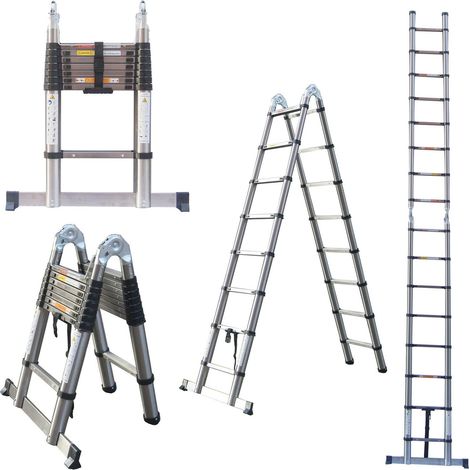 5M Teleskopleiter mit Stabilisator, Rutschfester Klappleiter 2.5M+2.5M und Anlegeleiter 16 Sprossen Stehleiter Mehrzweckleiter Edelstahl Leiter, 150kg Belastbarkeit