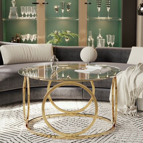 Mesa redonda moderna de cristal de 80 cm con estructura de metal cromado, ideal para salones y oficinas (dorada). (1/5)