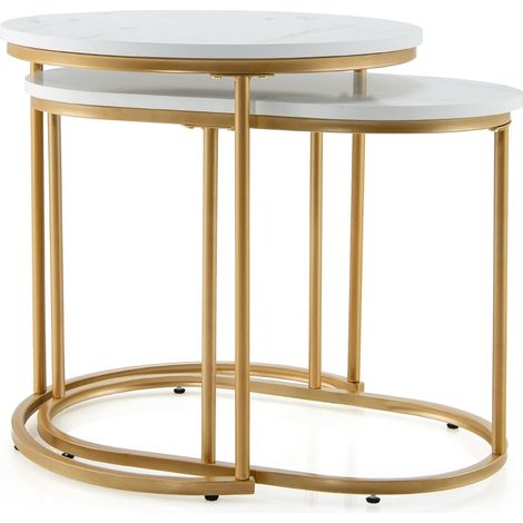 Goplus – Lot de 2 tables basses rondes en faux marbre – Cadre en métal – Dimensions 60x50cm et 60x36cm – Design moderne et empilable (1/5)