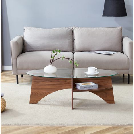 Mesa de centro ovalada 104,9x60x35,6 cm vidrio transparente nogal con estante MDF MEUBLIV (1/5)